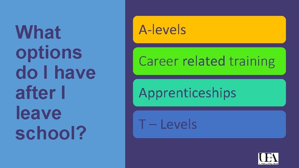 What options do I have after I leave school? A-levels Career related training Apprenticeships
