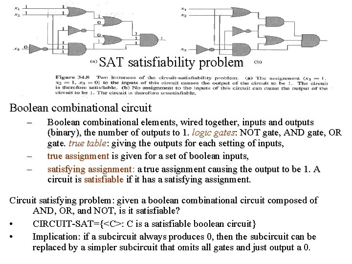 SAT satisfiability problem Boolean combinational circuit – – – Boolean combinational elements, wired together,