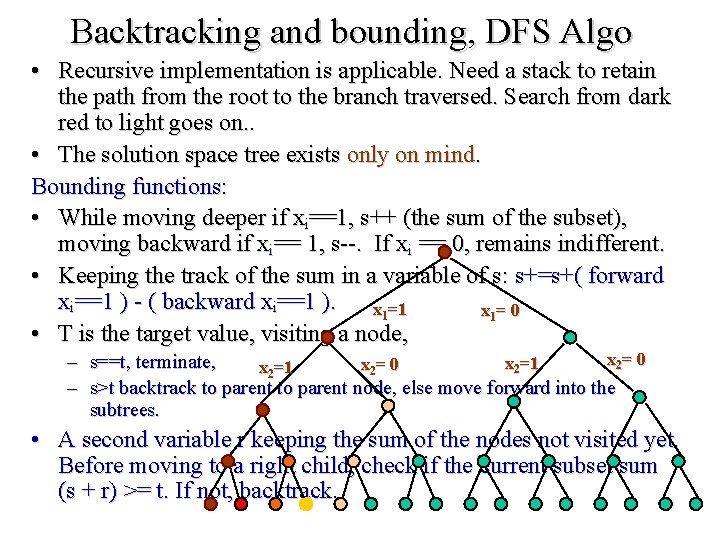 Backtracking and bounding, DFS Algo • Recursive implementation is applicable. Need a stack to