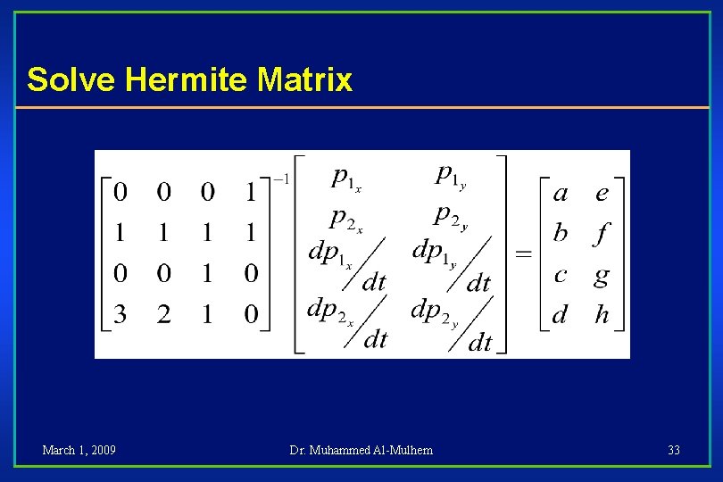 Solve Hermite Matrix March 1, 2009 Dr. Muhammed Al-Mulhem 33 