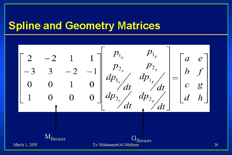Spline and Geometry Matrices MHermite March 1, 2009 GHermite Dr. Muhammed Al-Mulhem 34 