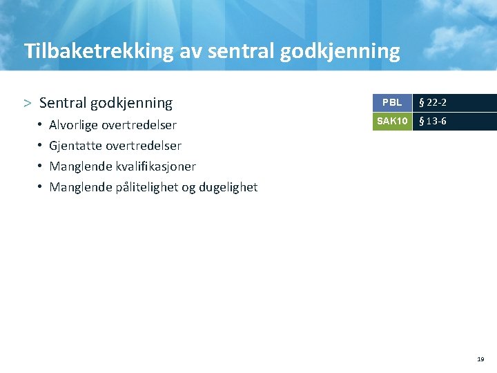 Tilbaketrekking av sentral godkjenning > Sentral godkjenning • • Alvorlige overtredelser PBL § 22