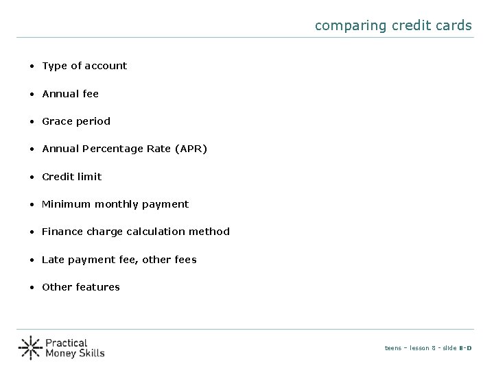comparing credit cards • Type of account • Annual fee • Grace period • comparing credit cards • Type of account • Annual fee • Grace period •