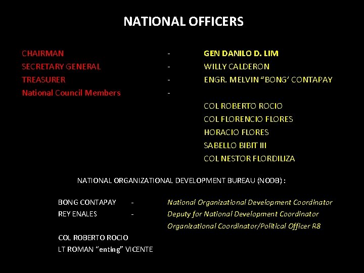 NATIONAL OFFICERS CHAIRMAN SECRETARY GENERAL TREASURER National Council Members - GEN DANILO D. LIM