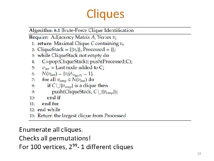 Cliques Enumerate all cliques. Checks all permutations! For 100 vertices, 299 - 1 different