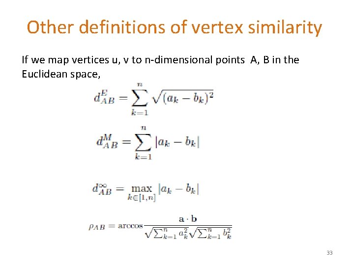 Other definitions of vertex similarity If we map vertices u, v to n-dimensional points Other definitions of vertex similarity If we map vertices u, v to n-dimensional points