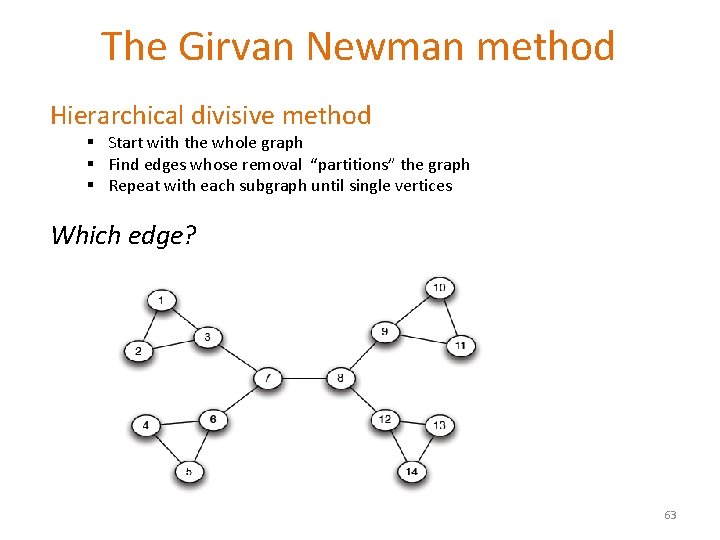 The Girvan Newman method Hierarchical divisive method § Start with the whole graph §