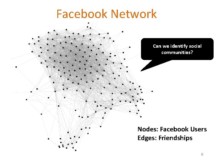 Facebook Network Can we identify social communities? Nodes: Facebook Users Edges: Friendships 8 