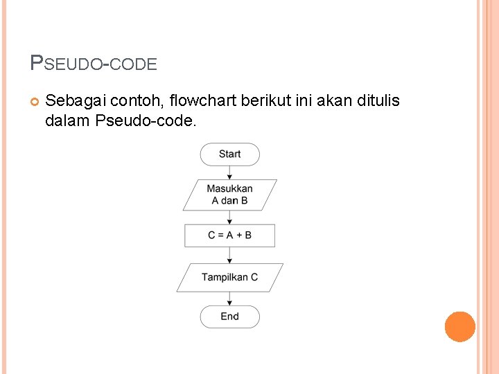 PSEUDO-CODE Sebagai contoh, flowchart berikut ini akan ditulis dalam Pseudo-code. 