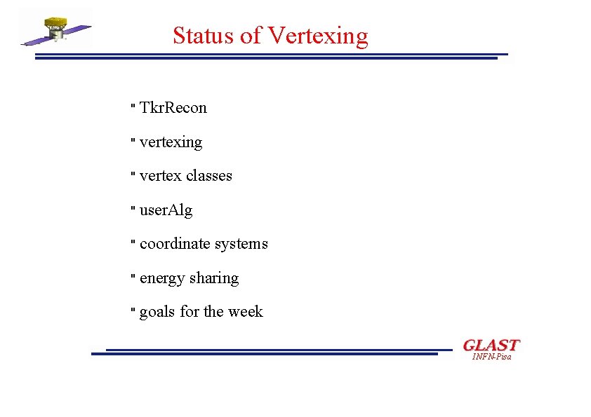 Status of Vertexing " Tkr. Recon " vertexing " vertex classes " user. Alg