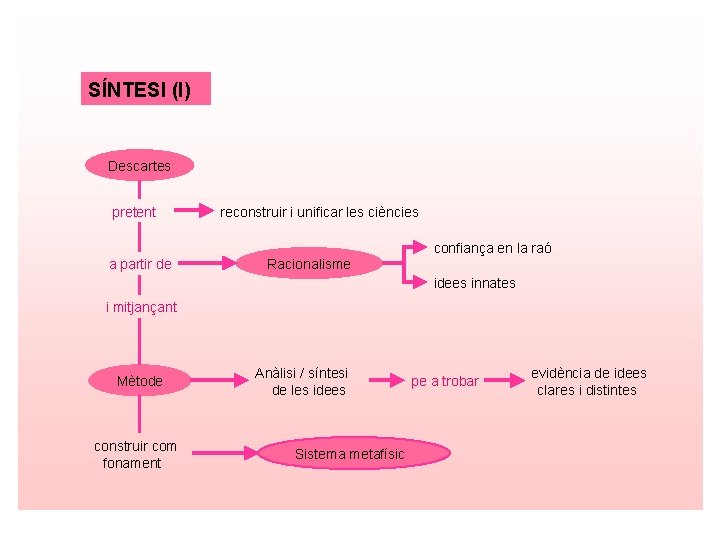 SÍNTESI (I) Descartes pretent reconstruir i unificar les ciències confiança en la raó a