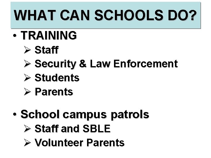 WHAT CAN SCHOOLS DO? • TRAINING Ø Staff Ø Security & Law Enforcement Ø