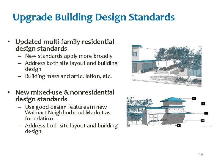 Upgrade Building Design Standards • Updated multi-family residential design standards – New standards apply