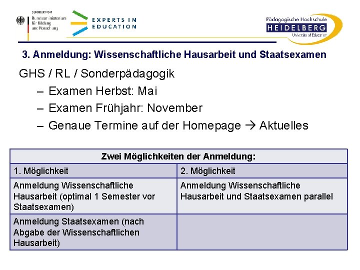 3. Anmeldung: Wissenschaftliche Hausarbeit und Staatsexamen GHS / RL / Sonderpädagogik – Examen Herbst: