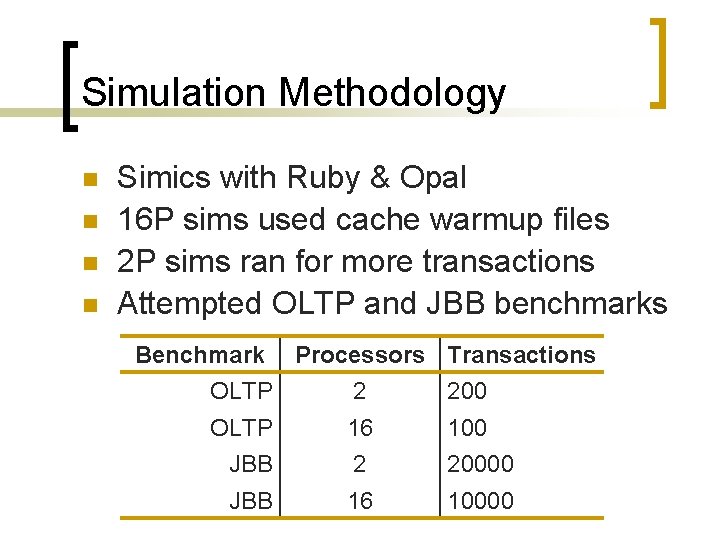 Simulation Methodology n n Simics with Ruby & Opal 16 P sims used cache