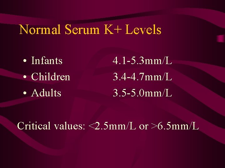 Normal Serum K+ Levels • Infants • Children • Adults 4. 1 -5. 3