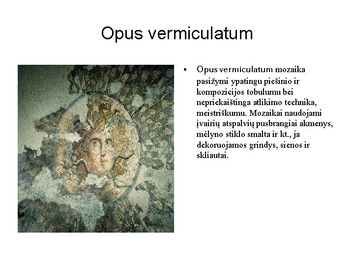 Opus vermiculatum • Opus vermiculatum mozaika pasižymi ypatingu piešinio ir kompozicijos tobulumu bei nepriekaištinga