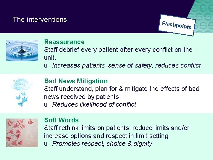 The interventions Flashpo ints Reassurance Staff debrief every patient after every conflict on the