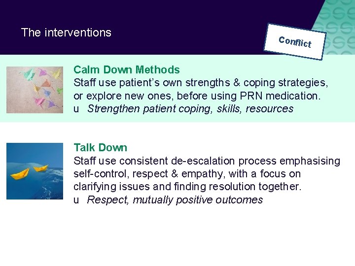 The interventions Conflic t Calm Down Methods Staff use patient’s own strengths & coping