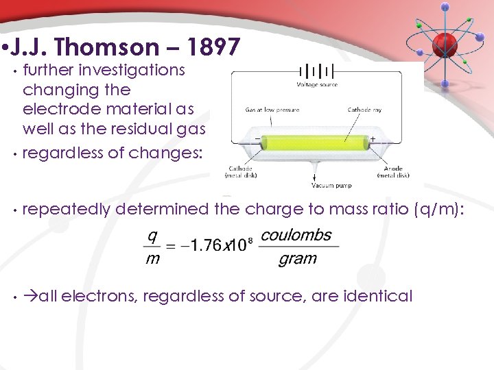  • J. J. Thomson – 1897 • further investigations changing the electrode material