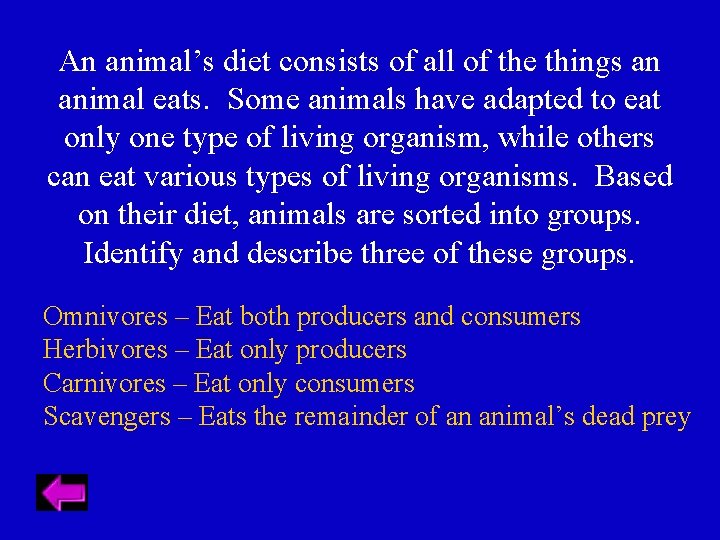 An animal’s diet consists of all of the things an animal eats. Some animals