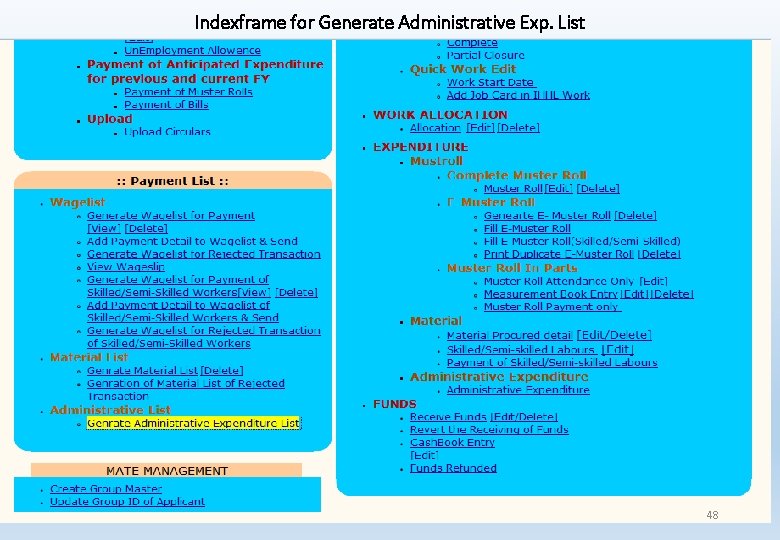 Indexframe for Generate Administrative Exp. List 48 