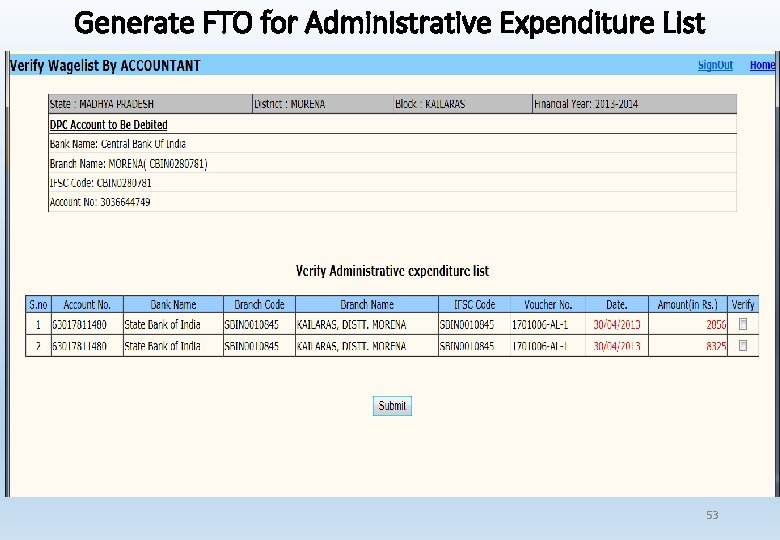 Generate FTO for Administrative Expenditure List 53 