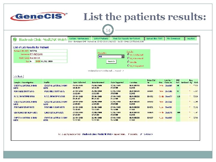 List the patients results: 14 