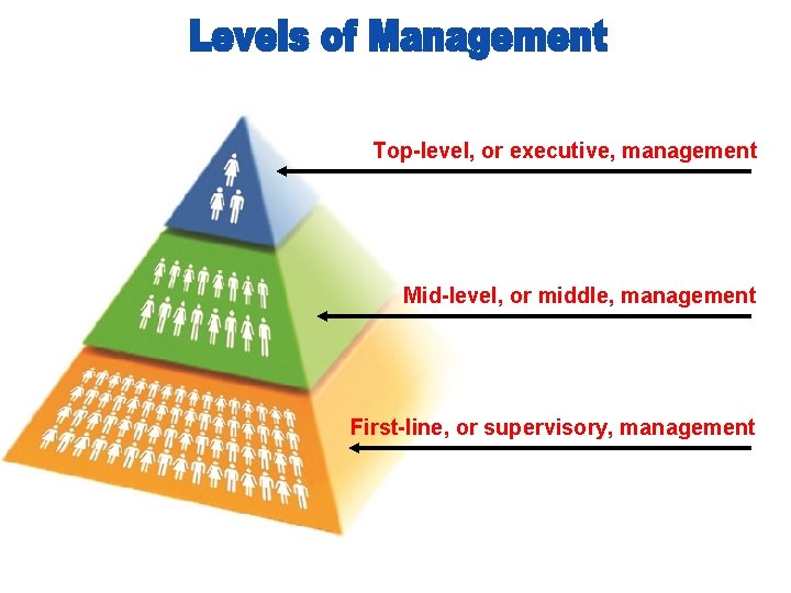 Top-level, or executive, management Mid-level, or middle, management First-line, or supervisory, management 