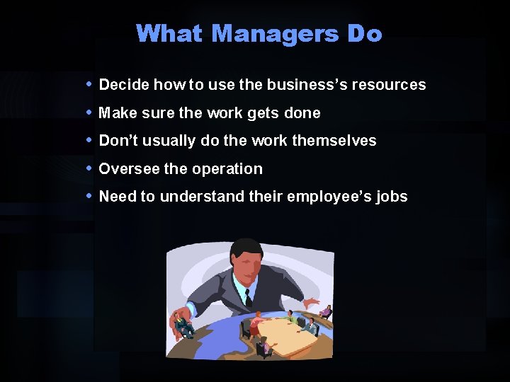 What Managers Do • • • Decide how to use the business’s resources Make