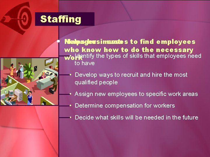 Staffing • Helps Managers businesses must: to find employees who know how to do