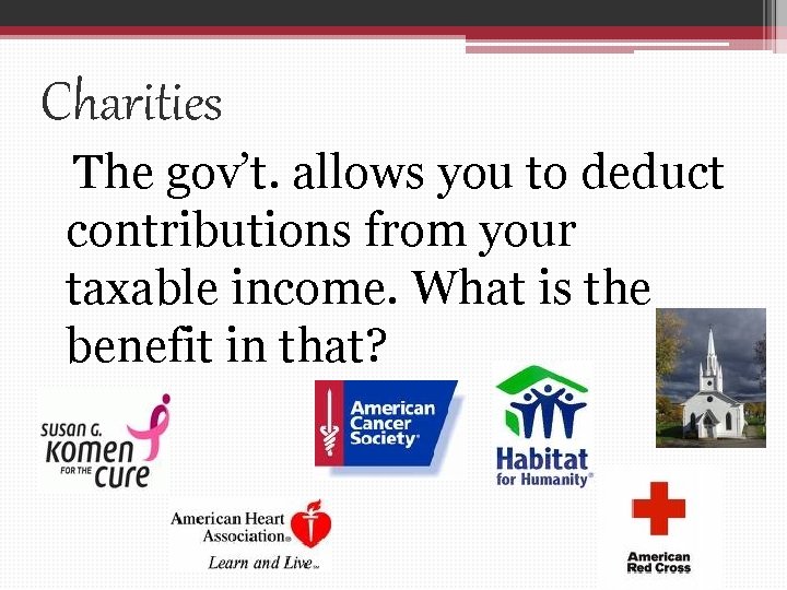 Charities The gov’t. allows you to deduct contributions from your taxable income. What is