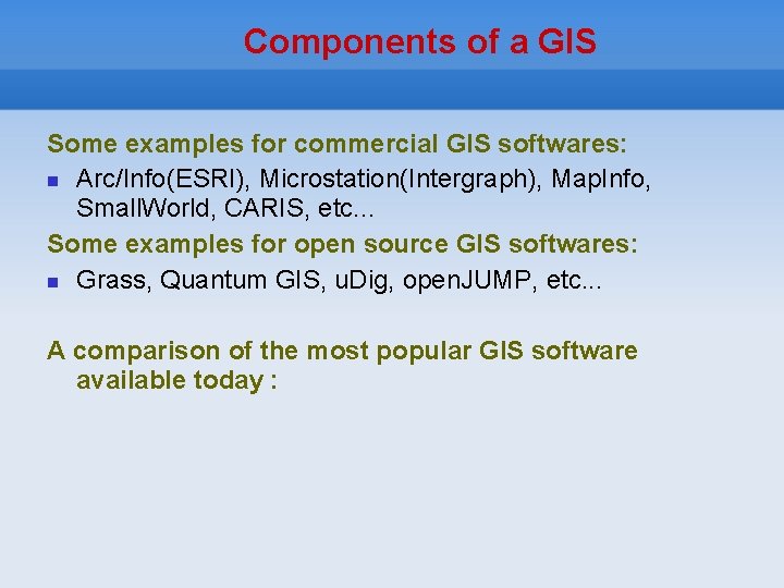 Components of a GIS Some examples for commercial GIS softwares: Arc/Info(ESRI), Microstation(Intergraph), Map. Info,