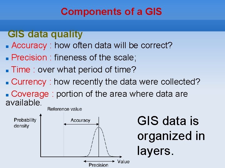 Components of a GIS data quality Accuracy : how often data will be correct?