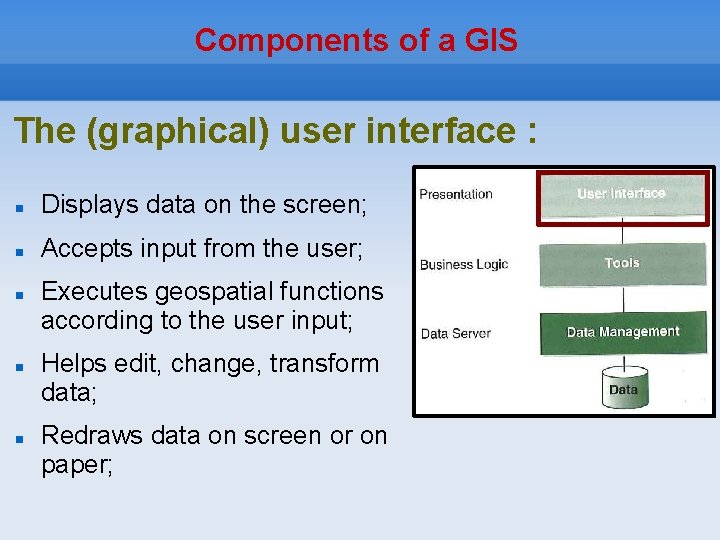 Components of a GIS The (graphical) user interface : Displays data on the screen;