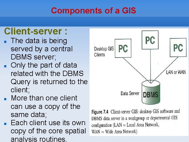 Components of a GIS Client-server : The data is being served by a central