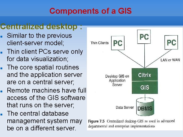 Components of a GIS Centralized desktop : Similar to the previous client-server model; Thin