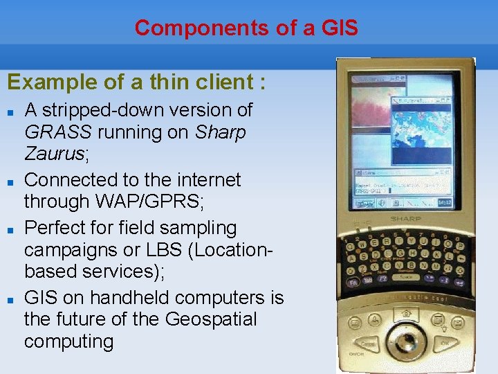 Components of a GIS Example of a thin client : A stripped-down version of