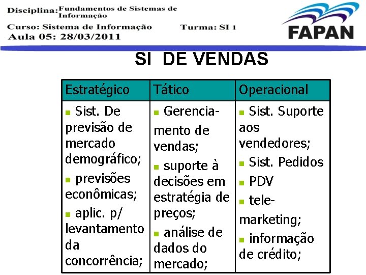 SI DE VENDAS Estratégico Sist. De previsão de mercado demográfico; n previsões econômicas; n