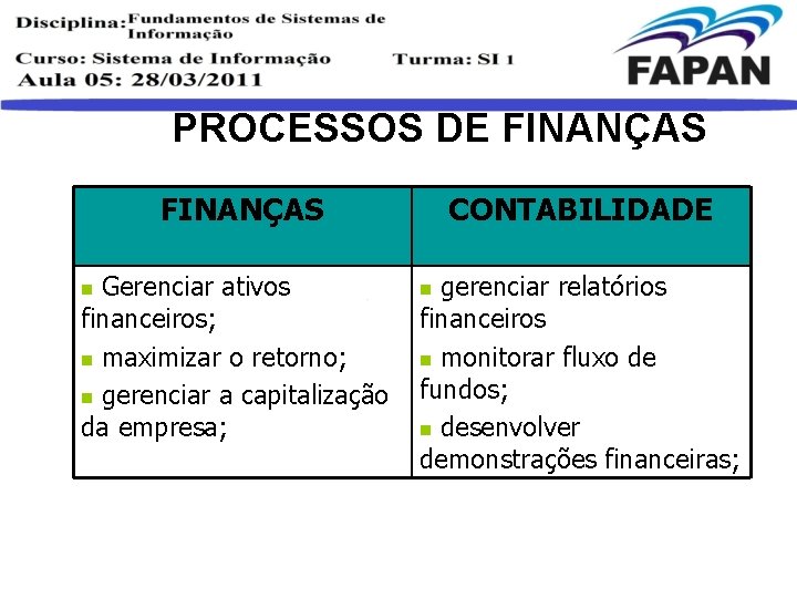 PROCESSOS DE FINANÇAS Gerenciar ativos financeiros; n maximizar o retorno; n gerenciar a capitalização