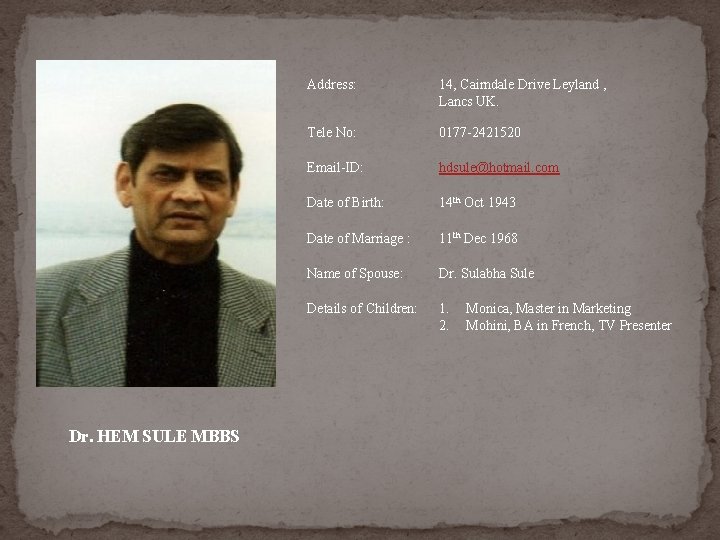 Dr. HEM SULE MBBS Address: 14, Cairndale Drive Leyland , Lancs UK. Tele No: Dr. HEM SULE MBBS Address: 14, Cairndale Drive Leyland , Lancs UK. Tele No: