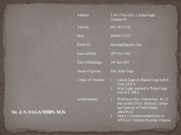 Address: T 69 -1 Plot 4291 -1 Anna Nagar Chennai-40 Tele No: 044 -26213185 Address: T 69 -1 Plot 4291 -1 Anna Nagar Chennai-40 Tele No: 044 -26213185