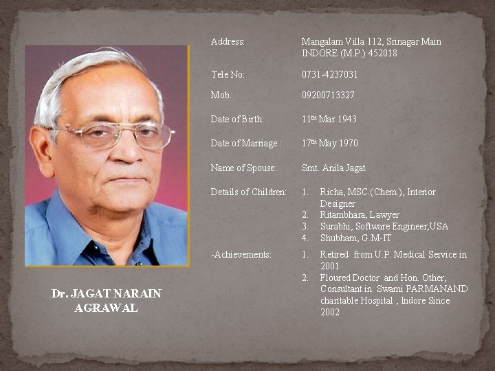 Address: Mangalam Villa 112, Srinagar Main INDORE (M. P. ) 452018 Tele No: 0731 Address: Mangalam Villa 112, Srinagar Main INDORE (M. P. ) 452018 Tele No: 0731