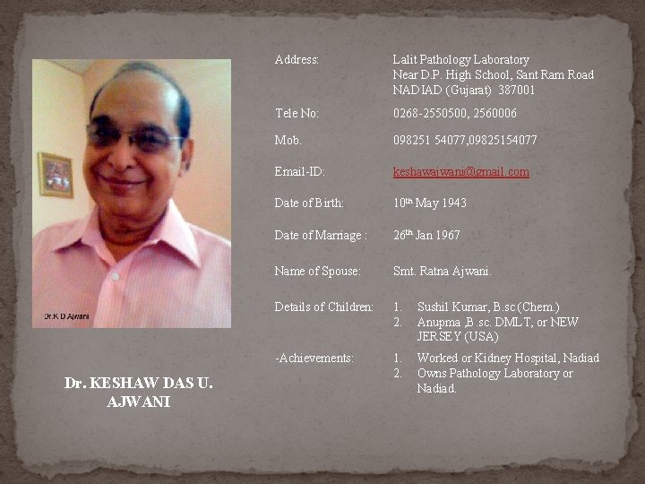 Dr. KESHAW DAS U. AJWANI Address: Lalit Pathology Laboratory Near D. P. High School, Dr. KESHAW DAS U. AJWANI Address: Lalit Pathology Laboratory Near D. P. High School,