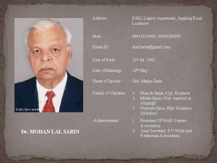 Address: B 002, Legavy Apartment, Joppling Road Lucknow Mob. 09415019900, 09889200999 Email-ID: drmlsarin@gmail. com Address: B 002, Legavy Apartment, Joppling Road Lucknow Mob. 09415019900, 09889200999 Email-ID: drmlsarin@gmail. com