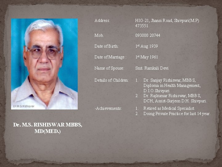 Address: HIG-21, Jhansi Road, Shivpuri(M. P) 473551 Mob. 093000 20744 Date of Birth: 1 Address: HIG-21, Jhansi Road, Shivpuri(M. P) 473551 Mob. 093000 20744 Date of Birth: 1