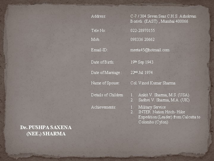 Dr. PUSHPA SAXENA (NEE. ) SHARMA Address: C-7 / 304 Seven Seas C. H. Dr. PUSHPA SAXENA (NEE. ) SHARMA Address: C-7 / 304 Seven Seas C. H.