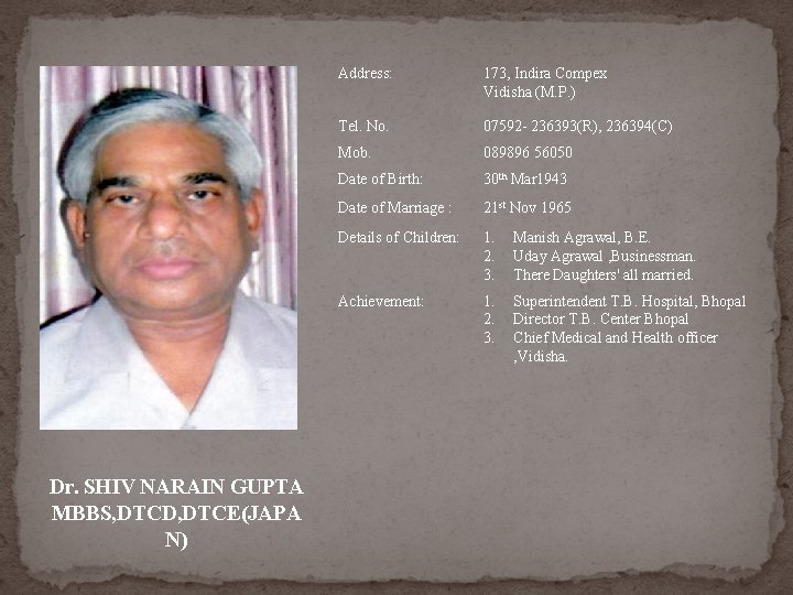 Dr. SHIV NARAIN GUPTA MBBS, DTCD, DTCE(JAPA N) Address: 173, Indira Compex Vidisha (M. Dr. SHIV NARAIN GUPTA MBBS, DTCD, DTCE(JAPA N) Address: 173, Indira Compex Vidisha (M.