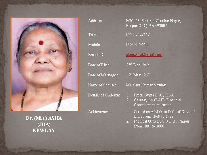 Dr. (Mrs. ) ASHA (JHA) NEWLAY Address: MIG-63, Sector-1 Shankar Nagar, Raipur(C. G. ) Dr. (Mrs. ) ASHA (JHA) NEWLAY Address: MIG-63, Sector-1 Shankar Nagar, Raipur(C. G. )