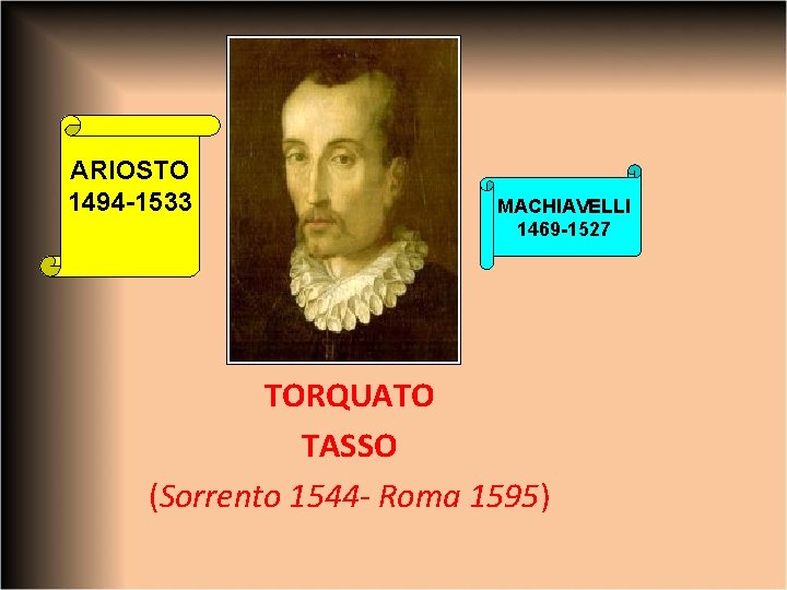 ARIOSTO 1494 -1533 MACHIAVELLI 1469 -1527 TORQUATO TASSO (Sorrento 1544 - Roma 1595) 
